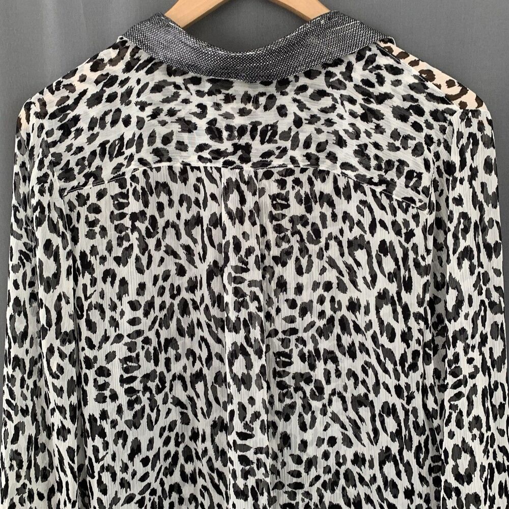 Chicos Chiffon Button Up Blouse Large Sheer Leopard Cheetah Mob Wife Glam Chic - Picture 15 of 16